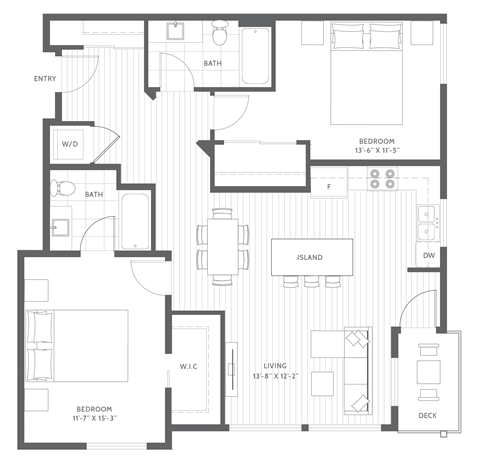 Floor plan for 2 beds, 2 baths, 986 sqft
